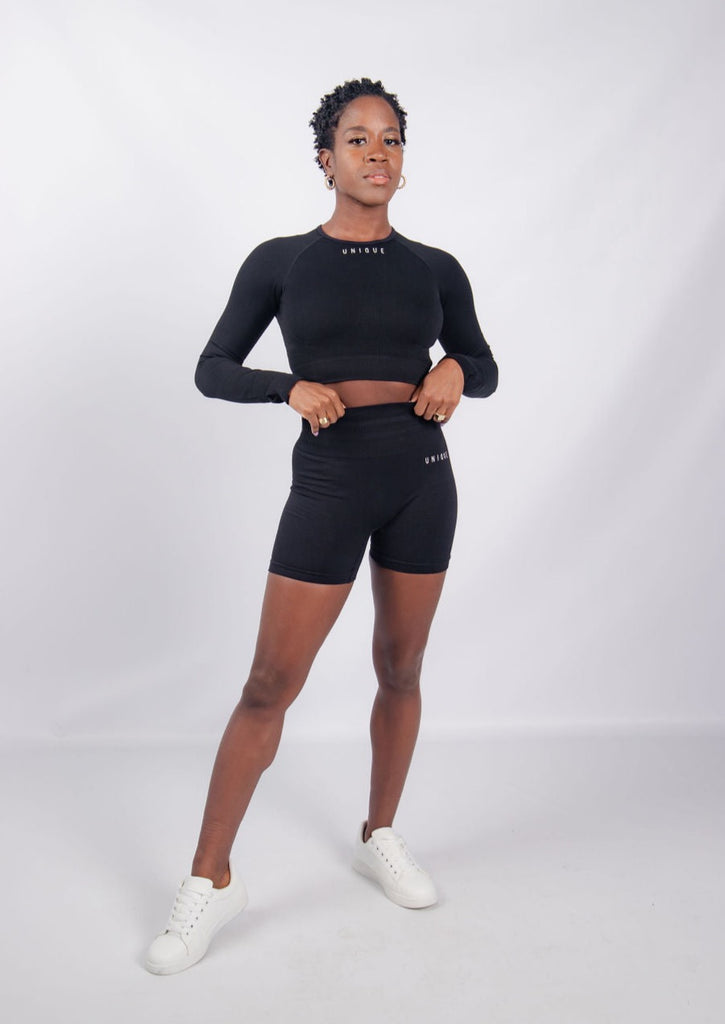 Long Sleeve Crop & Shorts Gym Set